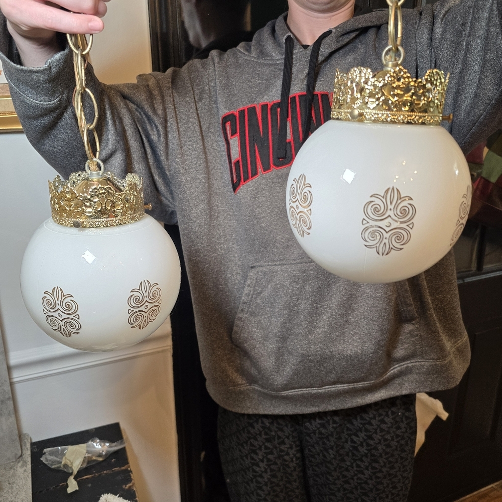 Vtg MCM Glass Globe Hanging Ceiling Swag Light Pendants Lamp Gold Hollywood Rege